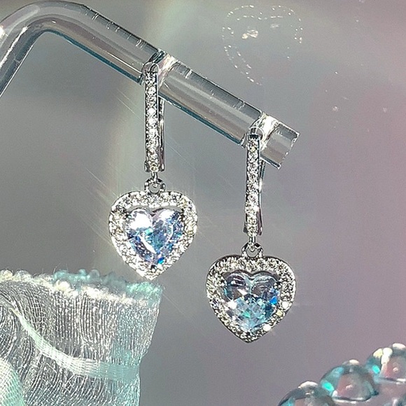 Any 4/$25! Silver Crystal Pave Heart Drop Earrings - Picture 2 of 5